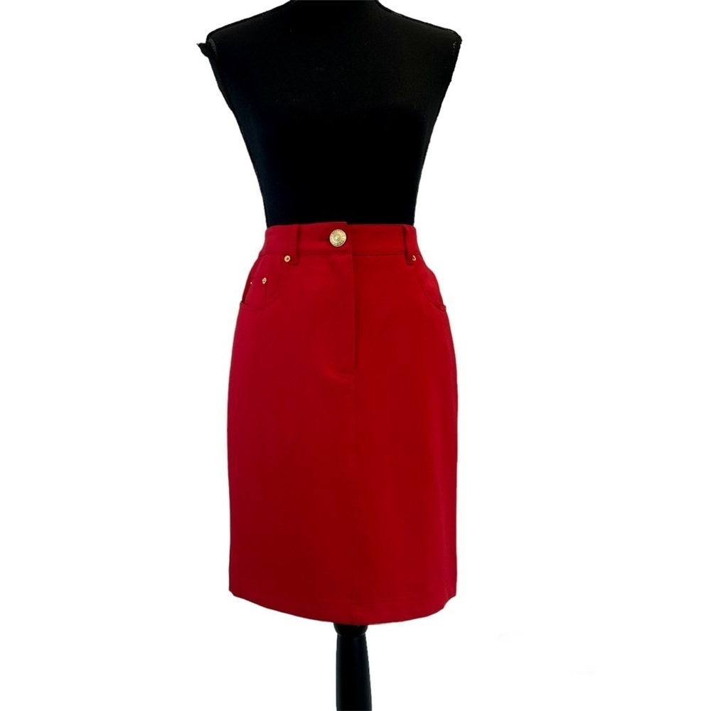 Moschino Couture red pencil skirt gold buttons Sz 8
